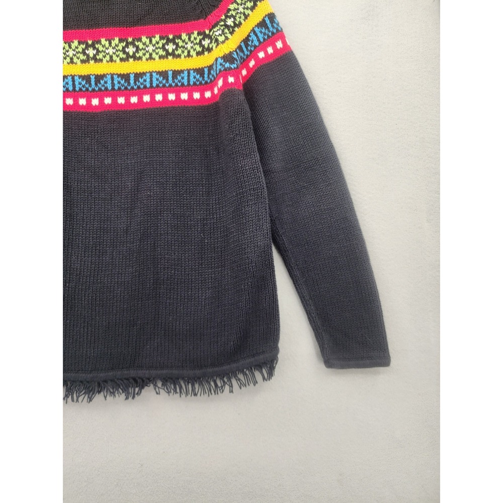 Hanna Andersson Fair Isle Fringe Sweater Charcoal Gray Neon Cotton Knit Medium - Picture 9 of 12